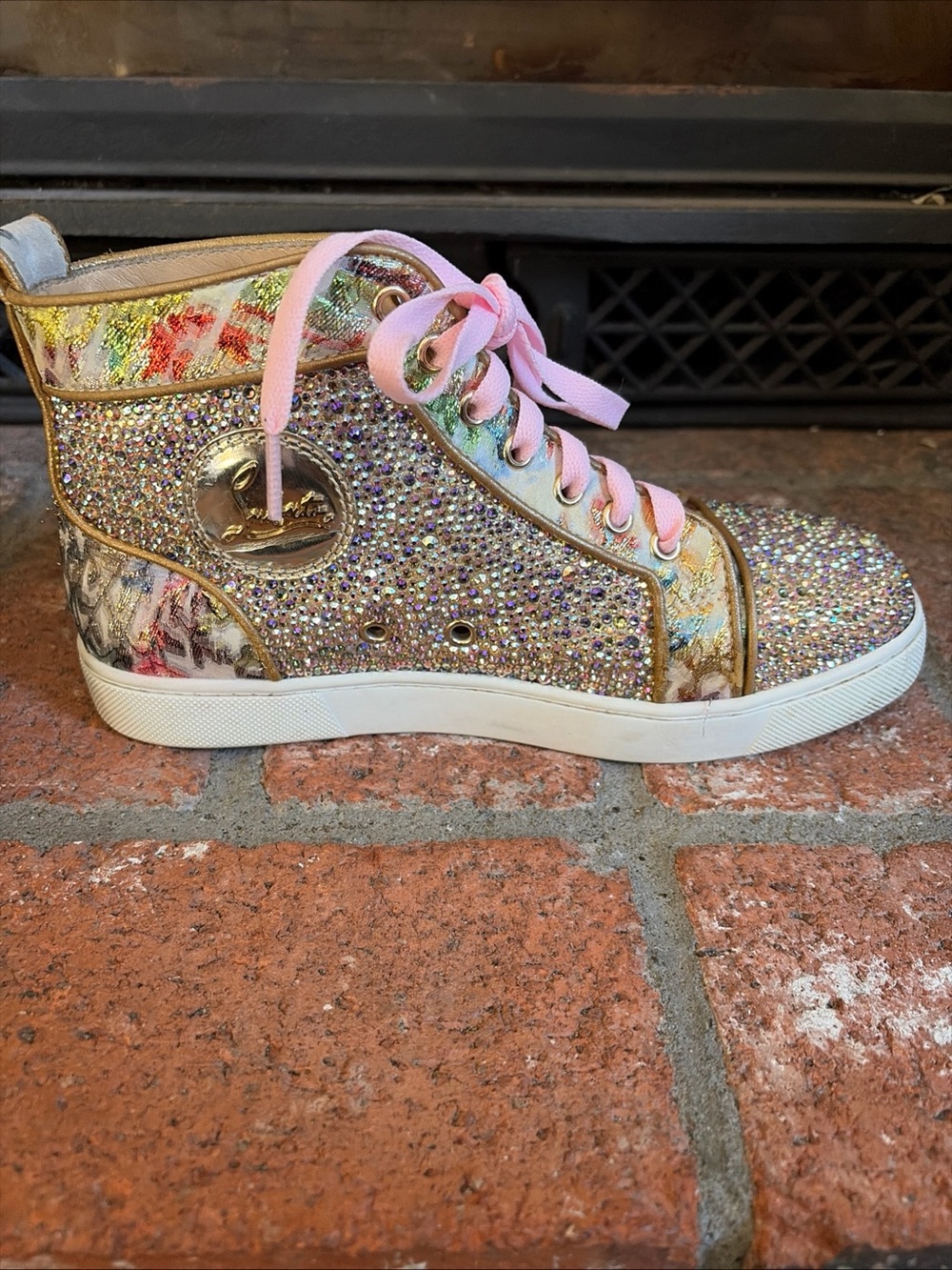 Authentic Christian Louboutin Glitter Floral  High Top Sneakers EU 37.5 US 7.5 - Picture 3 of 11